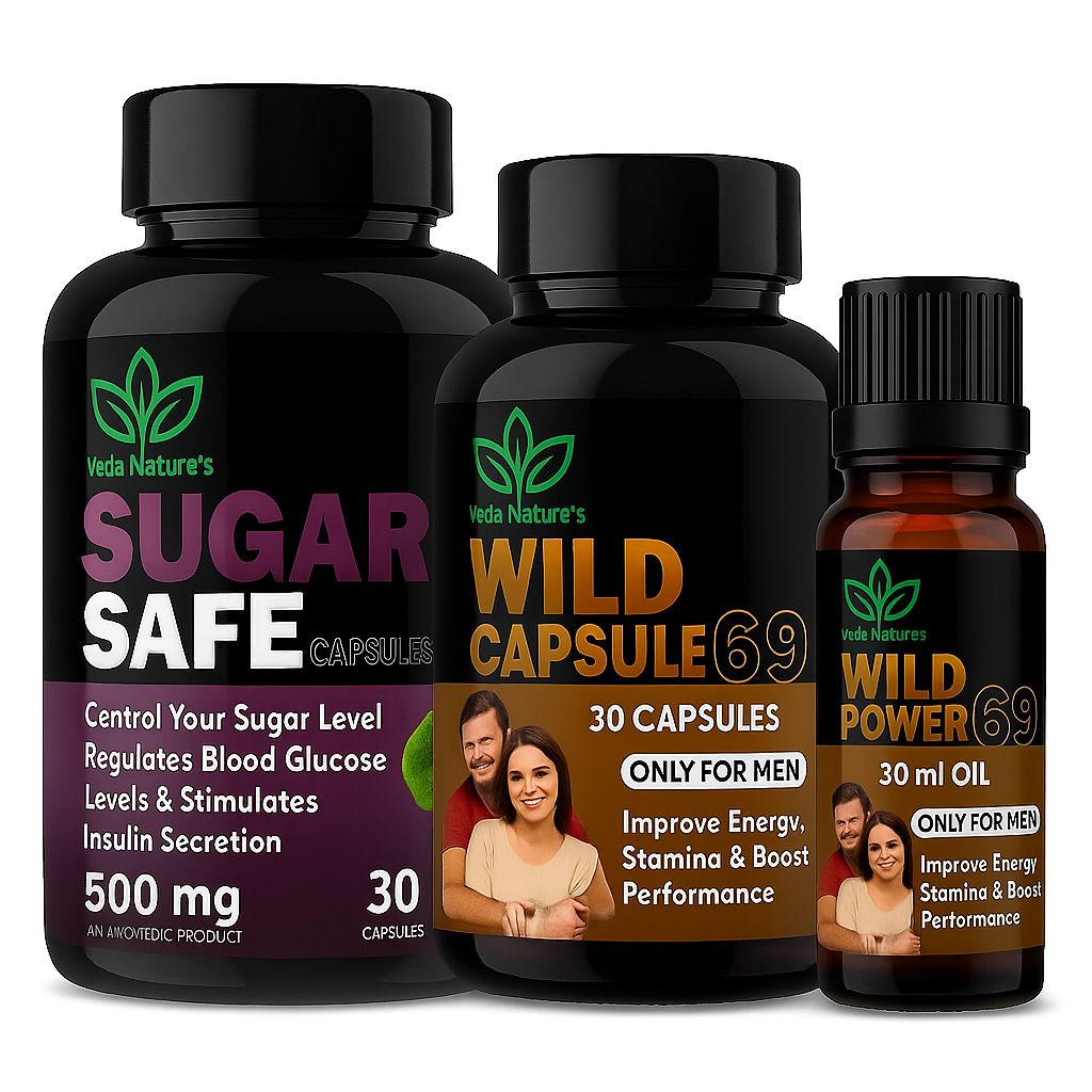VEDA NATURES Sugar Safe Capsule + Wild Power 69 Capsule + Wild Power 69 Oil (3 Combo)
